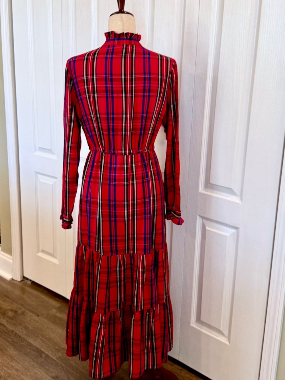 Woman's CHAPS Maxi Dress Holiday Victorian Vibe Red Tartan Plaid Tiered Size Med - Picture 4 of 7